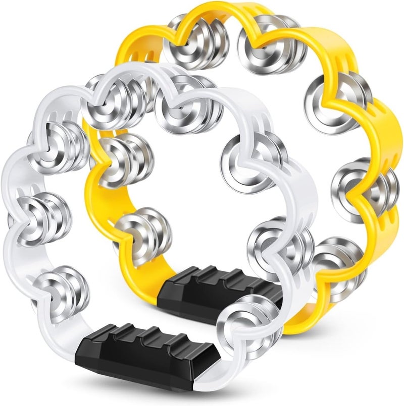 Flexzion Flower Tambourine – 8 Inch Handheld Percussion Instrument w/Metal Jingles & Ergonomic Grip – Compact Tambourine for Adults, Worship, Parties & Musical Performances (2 Pack - Yellow & White) - Image 1